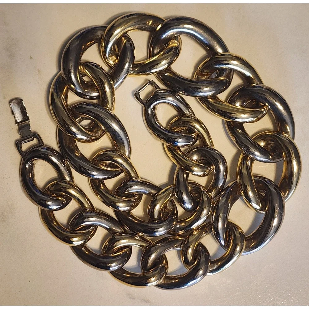 VTG Chunky Two Tone Gold Silver Oversized Curb Link Statement Necklace 5.89oz